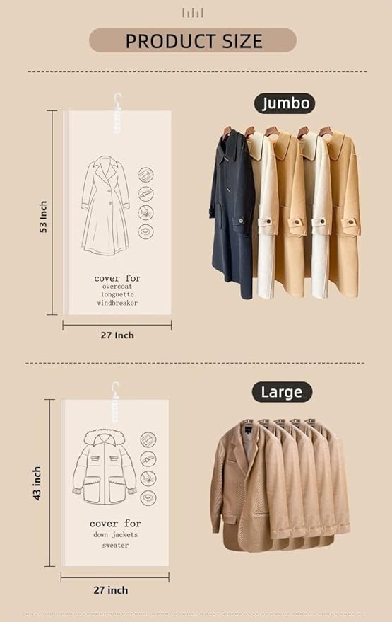 Elebac 6 Long Hanging Vacuum Storage Bags for Clothes, Vacuum Sealer Space Bags for Coat, Jumbo Clothes Protector Compression Bags for Closet Garment