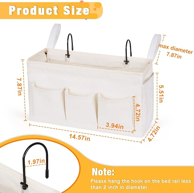 Lilithye Bedside Caddy Storage Organizer with Fixed Straps and Water Bottle Holder for Home, College, Dorm, Bunk/Hospital/Crib Bed Rails, White