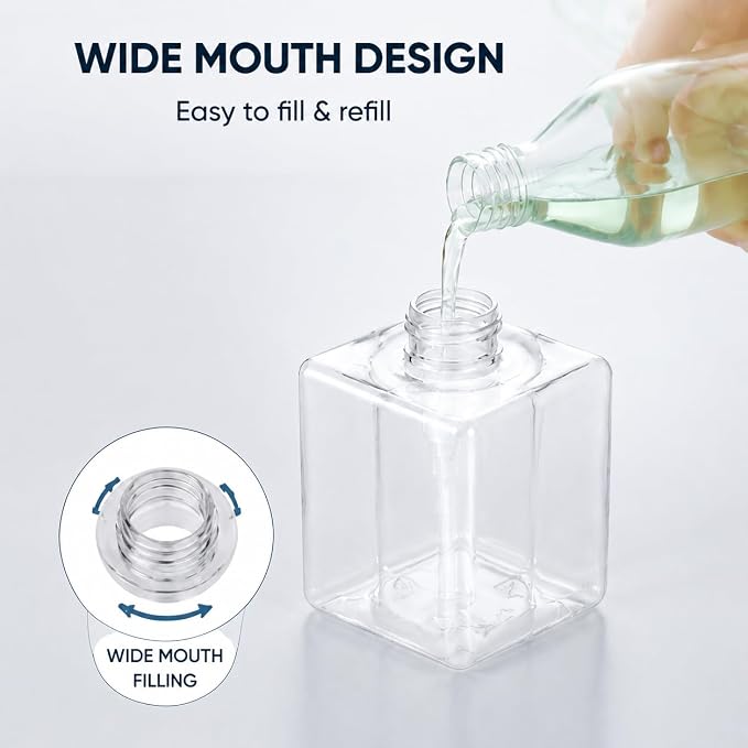 TMLECE 8.5oz/250ml Square Soap Dispenser Bottles | Eco-Friendly PETG Material, Leak-Proof Rotating Pump for Bathrooms, Kitchens & Travel, 4 Pack Refillable Bottles