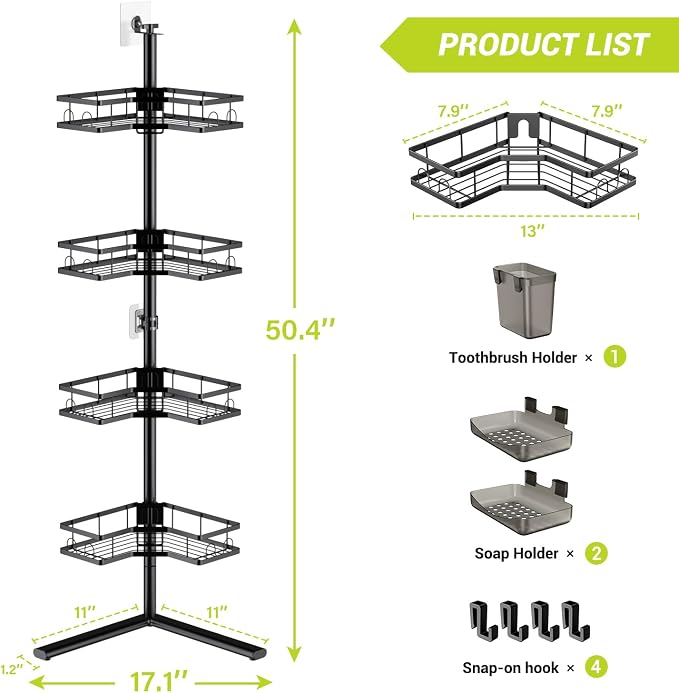Corner Shower Caddy Standing: 4-Tier Rustproof Shower Shelves Corner - No Drilling Floor Shower Organizer Rack for Bathroom, Renters, Apartment