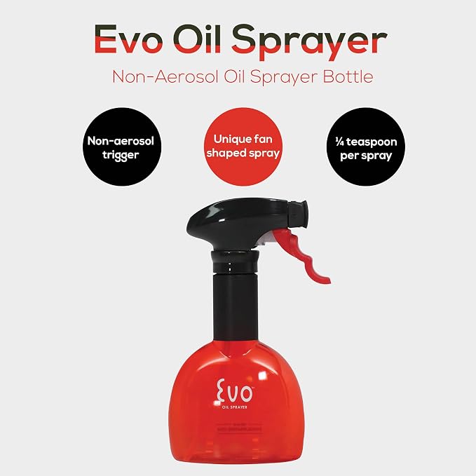 Evo Oil Sprayer Minis, Non-Aerosol for Olive, Cooking Oils, and Vinegars, Red, 8-Ounce Capacity, Set of 2 | Set of Two 8 Oz Non-Aerosol Sprayers, Fan-Shaped 1/4 Tsp per Pull, Rotating Nozzle, Ergonomic Trigger