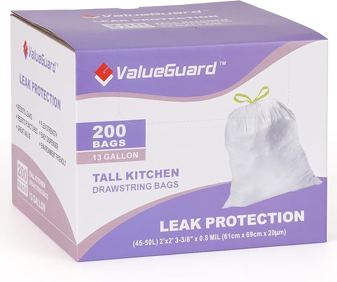 ValueGuard Trash Bags Garbage Bag 13 Gallon Drawstring Tall Waste Bag for Kitchen Office Party 0.8 Mil (200 Count)