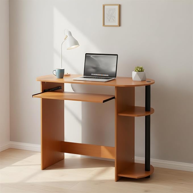 Furinno Simplistic Desk, 31.5" Wide Gaming Desk with Keyboard Tray, Computer Desk with Rounded Edges, Office Desk, for Home Office, Bedroom, Light Cherry Oak