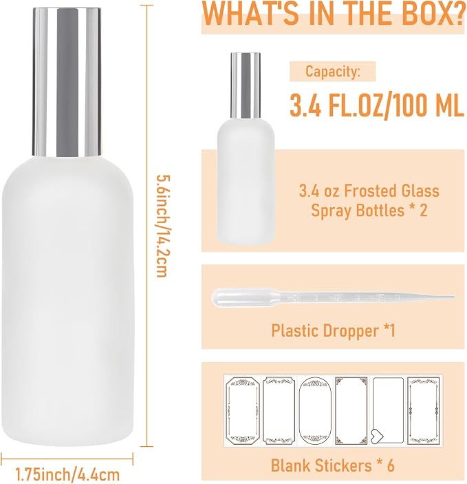 AuroTrends 3.4oz Frosted Glass Spray Bottles 2-Pack with Silver Caps | Empty Perfume Atomizers,Refillable Fine Mist,with Dropper & Stickers,for Travel,Face,Body,Hair,DIY Scents,Hydrating Spray
