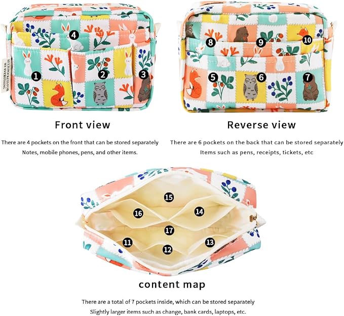 E-WEICHEN Multiple Pockets Portfolio Organizer with Zippered, Makeup Bag Travel Essentials for Women, Simple Waterproof Stationery Pencil Pouch Bag for Journal Office Art Supplies.Grid Cloth