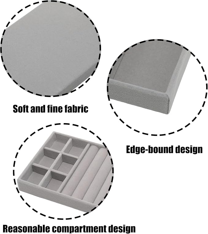 Velvet Jewelry Organizer Trays Gray Stackable Jewelry Storage Display Tray with Removable Dividers, 3-in-1