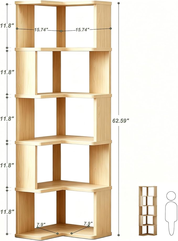 Tall Corner Bookshelf, 6 Tier Corner Book Shelf Etagere Bookcase with Baffle, Freestanding L Shaped Display Shelf Stand for Home Office, Living Room, Bedroom, Brown