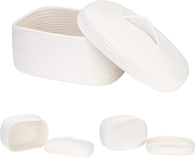 Sea Team Oval Cotton Rope Storage Basket with Lid, Lidded Woven Storage Bin, Nursery Storage Container, Diaper Caddy, Baby Shower Basket, Box, Organizer, 15 x 11 x 6.5 Inches (Medium, White)
