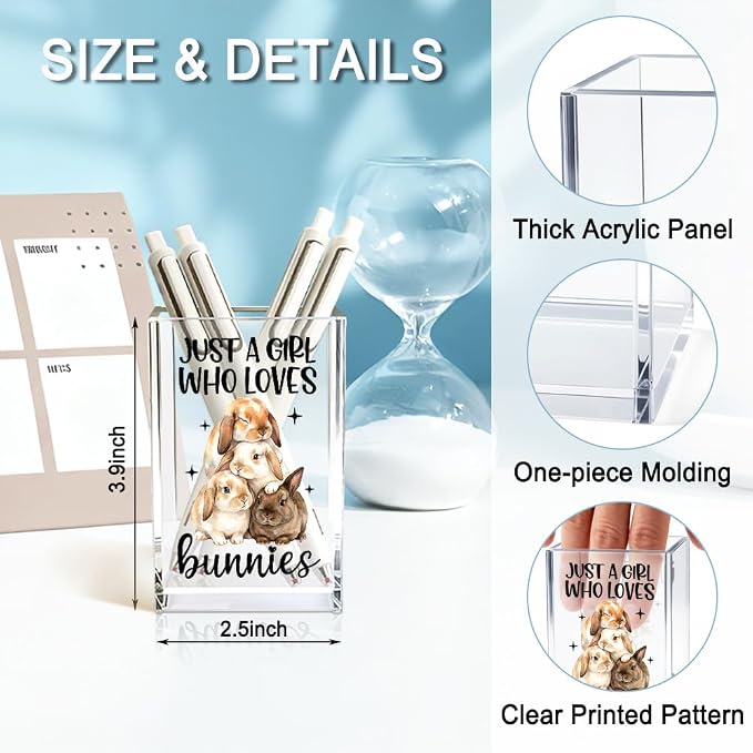 Just A Girl Who Loves Bunnies Acrylic Pencil Holder Cup, Inspirational Gifts for Friends Coworker, Funny Bunnies Pen Holder for Women Girls Bunny Lover, Pencil Cup for Desk, Makeup Organizer
