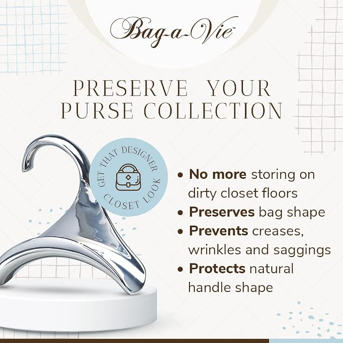 Bag-a-Vie Purse Hanger for Closet - Handbag Organizer Hooks for Hanging Bags & Purses, Protecting Bag Shape & Organizing Space (3 Hangers, Silver Metal)