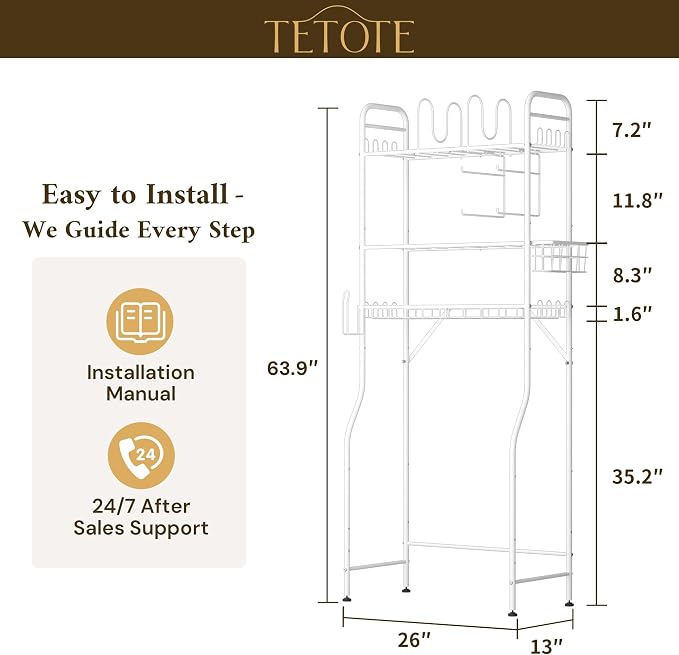 TETOTE Over The Toilet Storage Rack, 3-Tier Bathroom Organizer Shelf Over Toilet with Toilet Paper Roll Holder, Freestanding Metal Rack, White