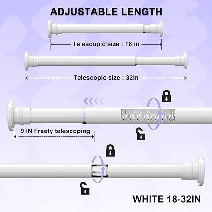 White Short Shower Curtain Rod 18-32 Inch, Non-Slip, Stainless Steel | Small Shower Curtain Rod with Adjustable Length, No Drilling Needed for Easy Installation