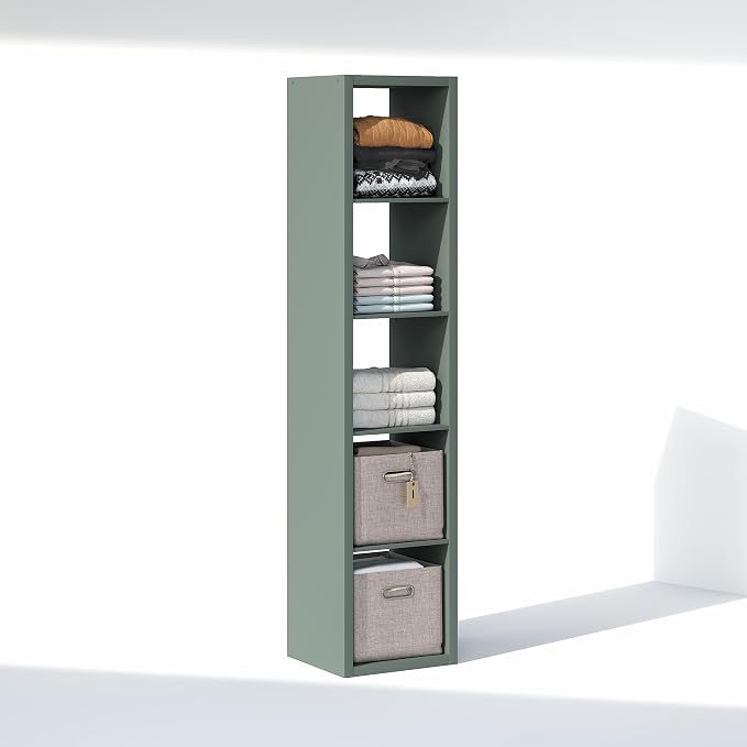 Furinno Cubic Extra Thick 5-Cube Closet Organizers and Storage, Sage Green | 14.6 x 16 x 72 in, Open Shelf Closet Storage, Closet Organizer, for Wardrobe, Bedroom, Living Room