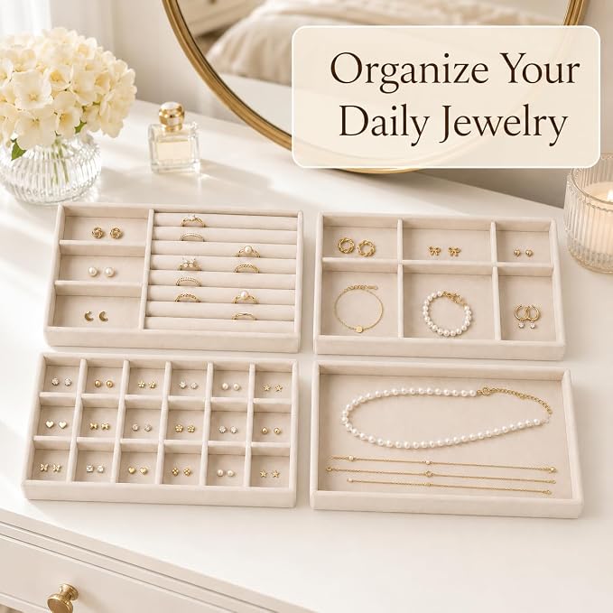 4 Pack Stackable Jewelry Organizer Tray Set - Velvet Display Case | for Rings Earrings Necklaces, for Drawer Organization, Can Stacked