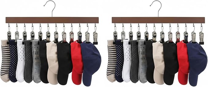 2 Pcs Closet Organizer with 12 Clips, Space Saving Hanging Closet Organizer Wood Hangers with Clips for Pants Hats Scarves Socks