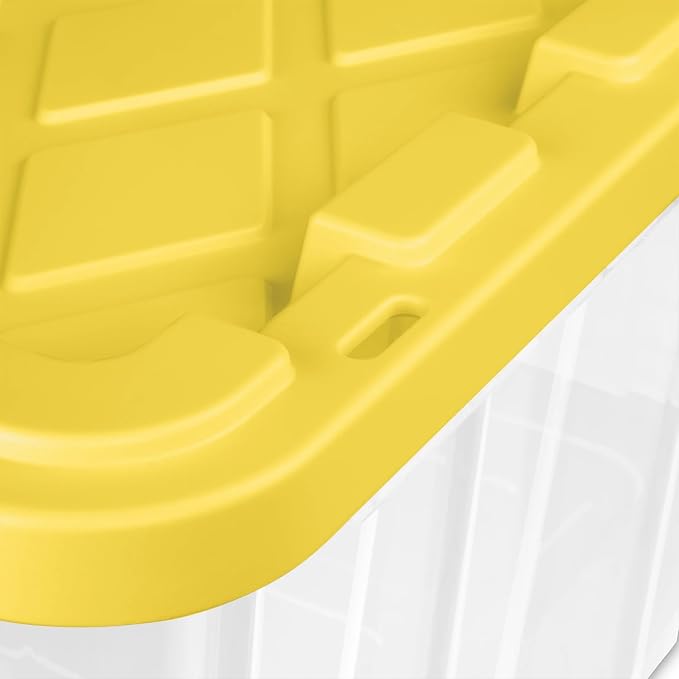 Large Industrial Storage Bins with Lids, 27 Gallon Clear Plastic Tote for Garage & Basement, Heavy Duty Stackable Totes for Storage and Organization, Yellow, 4-Pack