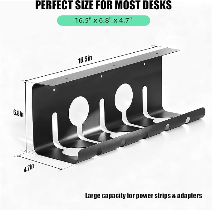 Cord Management Under Desk, 16.5" L x 4.7" W x 6.8" H, 2 Pack Under Desk Cable Tray, Wire Organizer for Power Strip, Tape Mount or Screw Mount, Easy Install Cord Raceway for Desk & Home