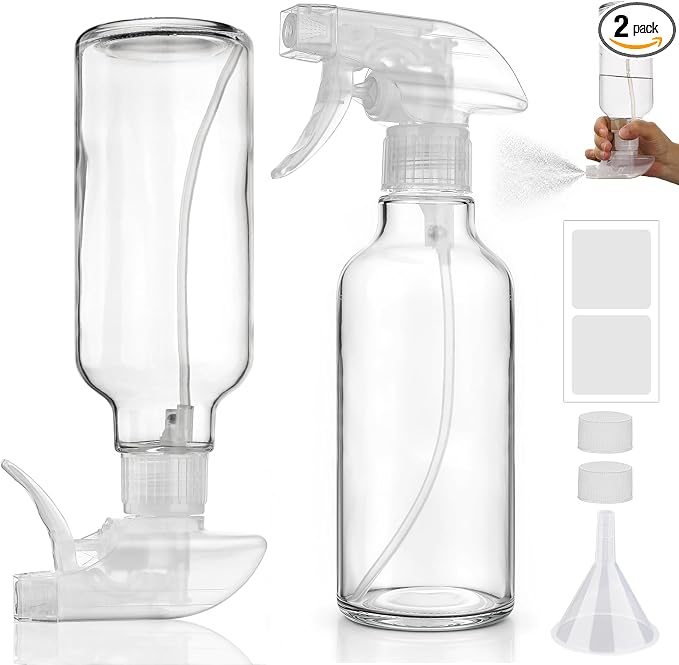 12oz Glass Spray Bottles 2 Pack, 360° Any-Angle Spraying | Refillable Leak-proof Bottles with Adjustable Nozzle; Ideal for Cleaning, Essential Oils, Plants & Hair Care