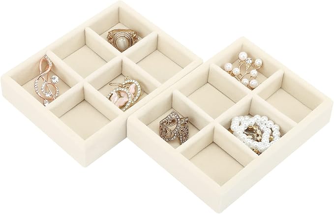 DesignSter Small Jewelry Tray-Ring Organizer 2PCS Premium Velvet Rings Earrings Display Tray Storage Insert Holder for Jewelry Box, Drawer, Dresser (6 Grids, Beige)