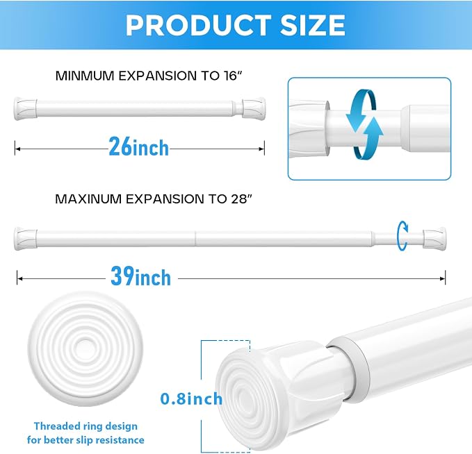 Small Tension Rod 26-39inch 1Pack White Tension Curtain Rod Adjustable Spring Curtain Rods No Drilling Expandable Pressure Curtain Rods for Windows,Closets,Doorway,Kitchen