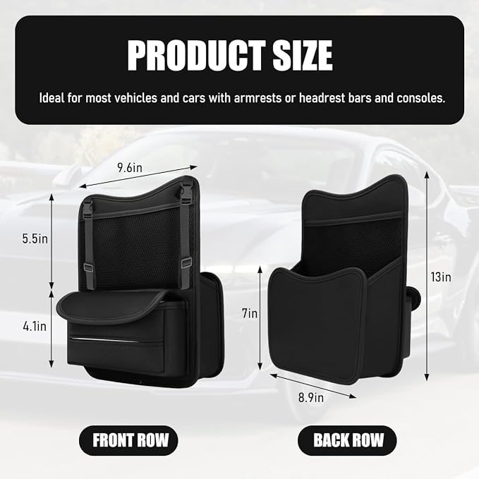 Car Organizer Storage Between Seats, Nappa Leather Front Seat Storage Bag with Tissue Holder, Automotive Console Hanging Net Pocket Handbag Holder for Phone Document (Black)