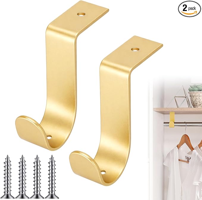 Hicarer 2 Pcs 1.38 Inch Closet Rod Brackets Heavy Duty Metal Wall Mount Rod Brackets with Screws Closet Pole Support for Living Room Bedroom Shelf Office(Gold)
