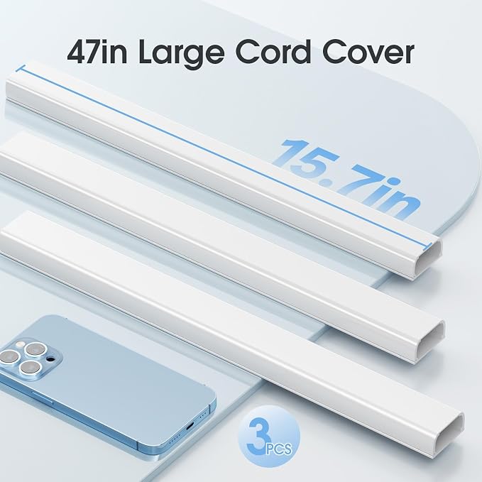 Large Cord Hider - 47in Wire Hiders for TV on Wall, Paintable Cable Hider, X-Large Cable Management Kit, Cord Hiding for Wall, W1.6in H0.8in White