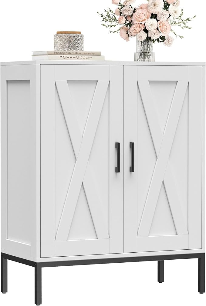Homleke Farmhouse Shoe Cabinet with 2 Barn Doors & Metal Legs | Tall 4-Tier Shoe Storage Cabinet, 3 Adjustable Shelves, Shoe Rack Organizer, for Entryway, Hallway, Closet, White