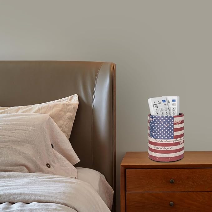 Pen Pencil Holder Cup Container PU Leather Desk Organizer Stand Decor Brush Scissor Holder Decoration Office Desk Home School (3.3" x 3.3" x 4", US Flag)