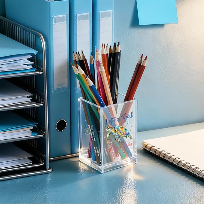 Just A Girl Who Loves Turtles Acrylic Pencil Holder Cup, Inspirational Gifts for Friends Coworker, Funny Sea Turtle Pen Holder for Women Girls Turtle Lover, Pencil Cup for Desk, Makeup Organizer