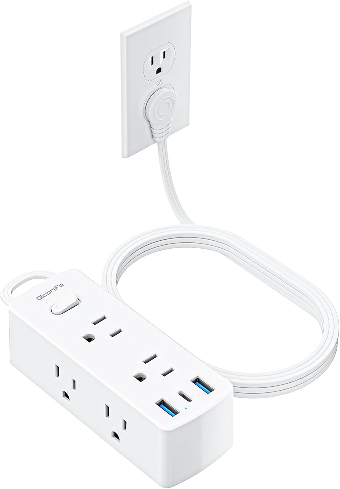 Olcorife Flat Plug Power Strip with 10 FT Extension Cord, 6 Outlets 3 USB Ports(1 USB C), 3 Sided Outlet Extender for Home Office Travel Dorm Room Essentials, White