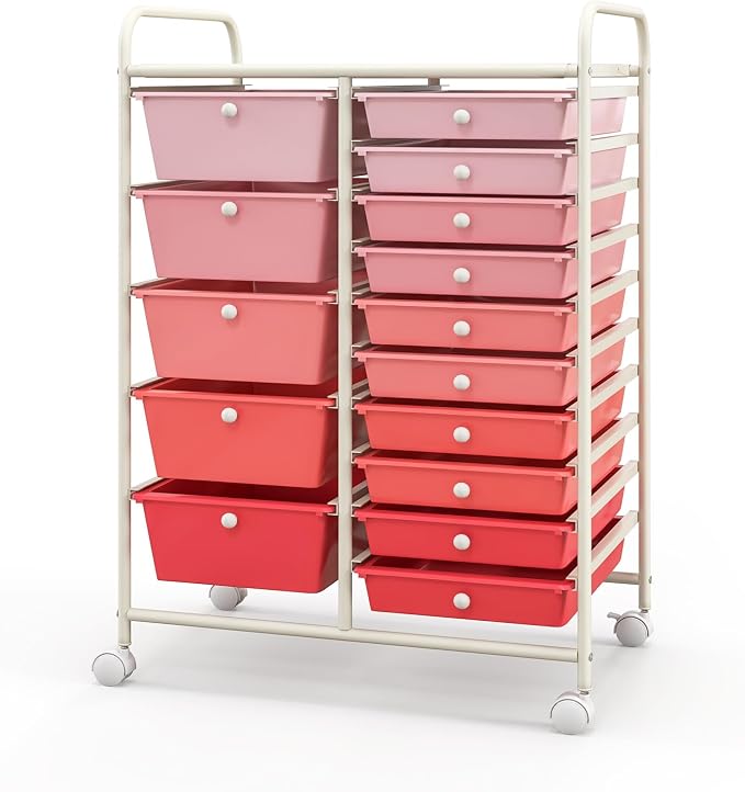 DREAMADE Rolling Cart with 15 Drawers, Rolling Drawer Organizer Cart w/Lockable Wheels, Removable & 2-Sized Storage Drawers, Art Cart for School Home Art Supplies Crafts File Scrapbook (Mixed Pink)