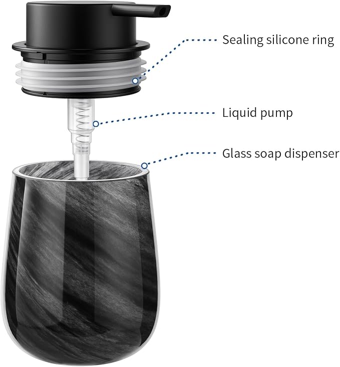 Marble Glass Liquid Soap/Lotion/Hand Sanitizer Pump Dispenser, Refillable for Kitchen and Bathroom Countertop (Black)