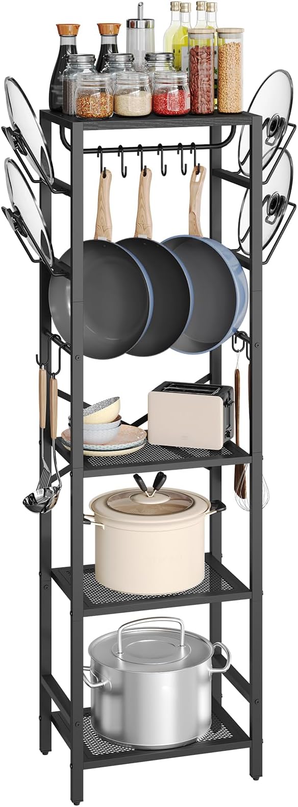 MAHANCRIS 4-Tier Pot Rack, Pots and Pans Organizer for Kitchen Corner, Kitchen Storage Rack with U-Shaped Lid Holders, Freestanding Cookware Stand, Black POBK3001