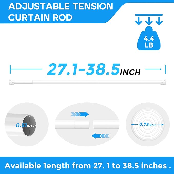 4 Pack White Spring Tension Curtain Rods 28-38 Inches, Spring Loaded Curtain Rods No Drilling, Adjustable Small Tension Rod for Windows, Kitchen, Doorway, Bathroom, Closet