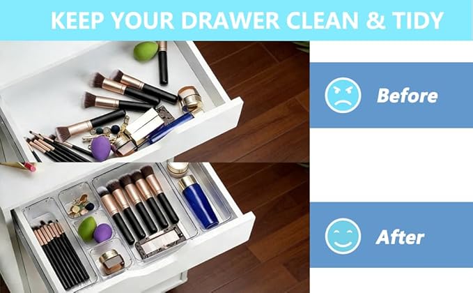 Clear Drawer Organizer Set, 4 Sizes Desk Drawer Divider Organizers Storage Bins for Bathroom,Kitchen,Office,Vanity Organizers Tray for Jewelry (27PACK)