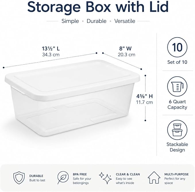 10 Pack Storage Box with Lidded, 6 Quart Plastic Storage Bina, Clear Stackable Containers, Suitable for Shoe Storage, Home Organizationg and Office Organizing
