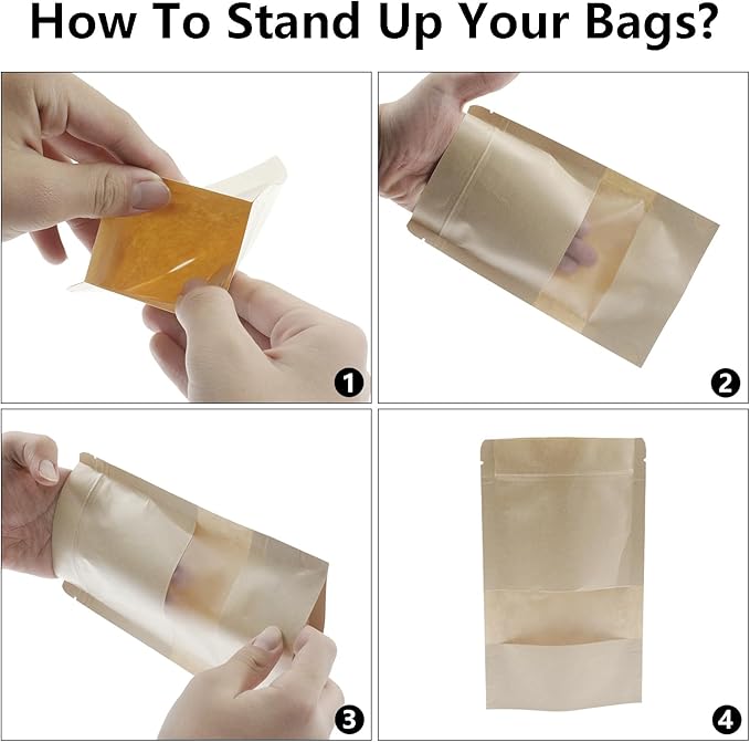 Kraft Paper Zipper Pouches,ULIFESTAR Kraft Stand Up Zip Lock Pouch Bags,100PCS Resealable Bag with Transparent Window and Tear Notch Resealable Bag for Small Business HomeUse,8.6"*12.6"(22*32cm+5cm)