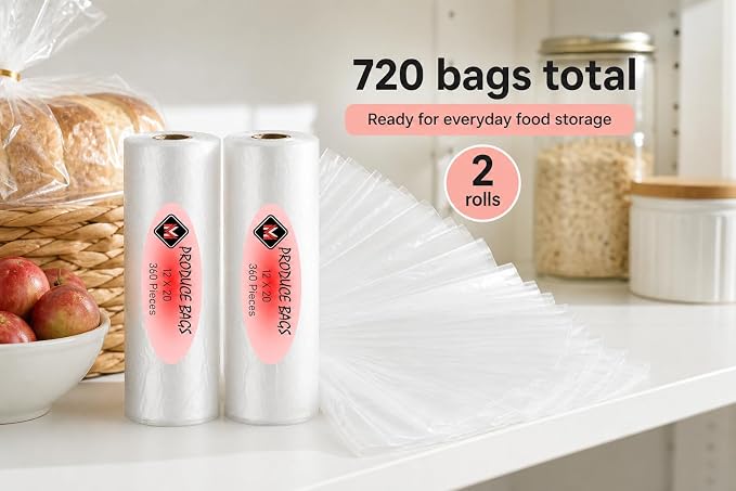 Plastic Produce Bags for Food Storage - 12"x20" Clear Grocery Bag for Fruits, Vegetables, Bread - Easy Peel-Off Design, Continuous Roll, 1.75" Core, Pack of 720 Bags [2 rolls]