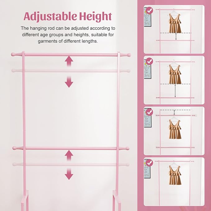 Bamboo Kids Clothing Rack: Holds Up To 121 Lbs of Dress-Up Clothes | 2 Adjustable Hanging Rods & 2 Storage Baskets With Shelf. Child Garment Holder for Playroom & Toddler Bedroom (Pink)