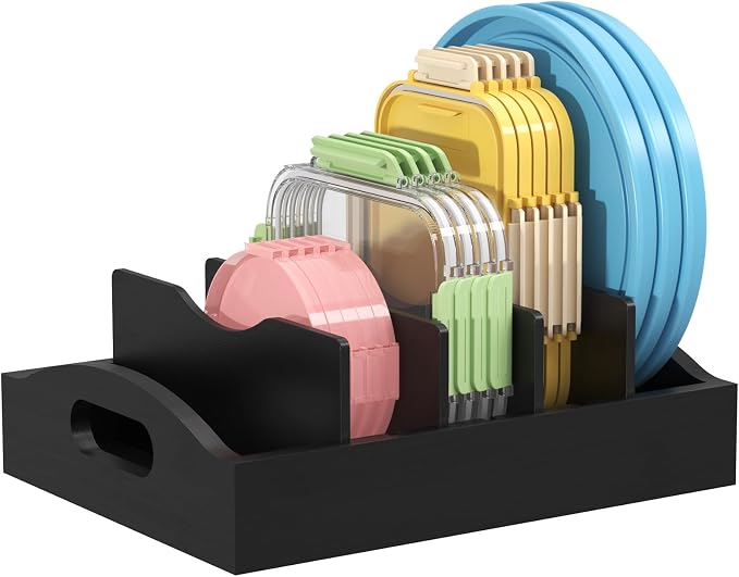 Lifewit Bamboo Lid Organizers for Inside Cabinet, Food Storage Container Lid Holder with 4 adjustable Inserts & 5 Compartments, Lid Storage for Kitchen Pantry Organization, 10.6" X 8.3", Black