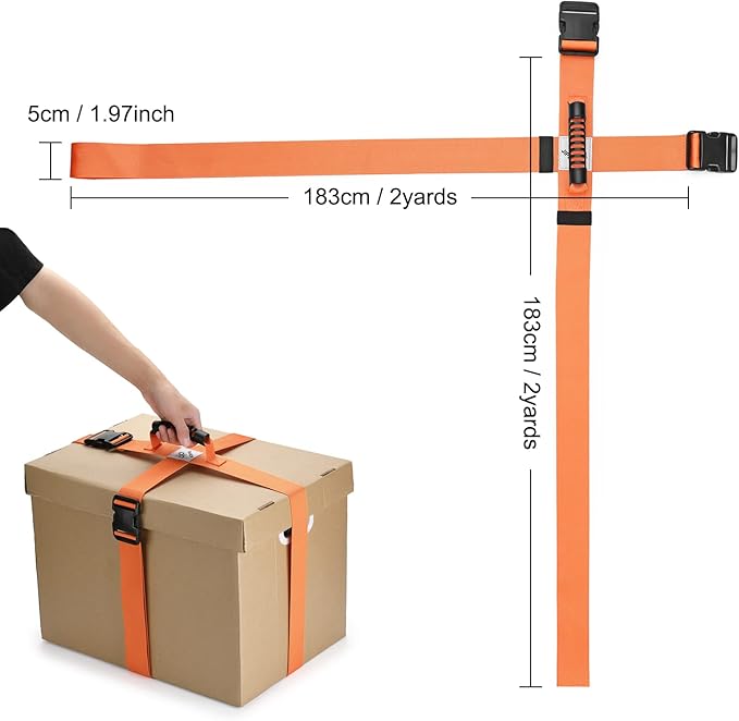 Box Carrying Strap with Handle Adjustable Belt Cross Style Carry Straps for Safely Moving and Lifting Heavy Boxes, Groceries, Luggage (Orange)