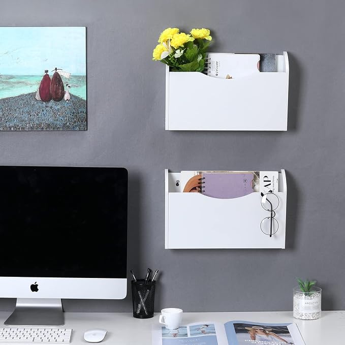 PAG Wall File Holder Wall Mounted Wood Hanging File Organizer for Office, 2 Pockets, White