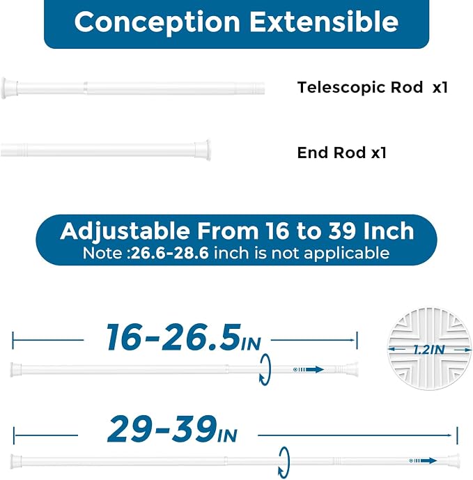 AIZESI 2Pack Tension Curtain Rod 18-36 Inch No Drilling Spring Curtain Rods Adjustable Tension Rods for Window, Doorway, Cupboard, Wardrobe, Closet Storage, White