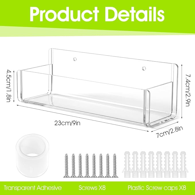 MAQUITA 4 Pack 9 Inch Acrylic Spice Rack Wall Mount, Clear Spice Shelf Storage Holder, Adhesive or Screw Hanging Wall Seasoning Rack Organizer for Cabinet Door, Cupboard, Kitchen