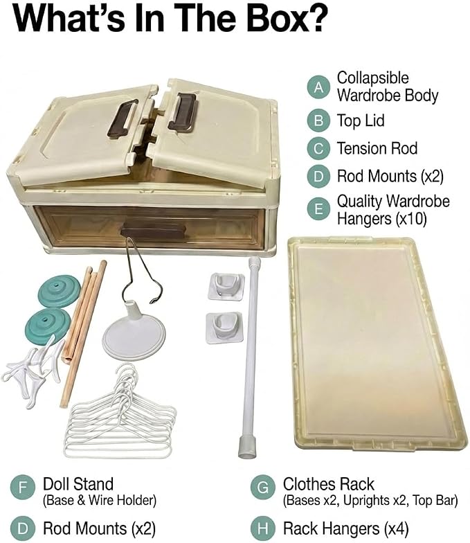 All in One Organize Kits Wardrobe Compatible with Labubu, Include Hangers,Clothes Rack &Stand, Display Case for Outfit Storage and Accessories Arts and Crafts Supplies,Closet Furniture Organizer