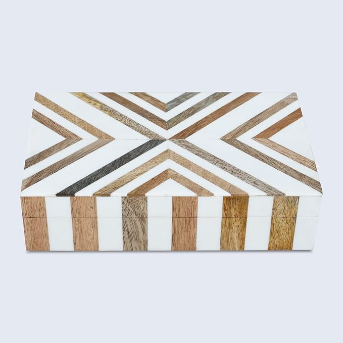 Handicrafts Home White Decorative Storage Box with Lid Wooden Desk Organizer Box Office Storage Box for Workspace Desk Decor Organizer – Resin Inlay Marquet Chevron Collection - 5x7x1.5