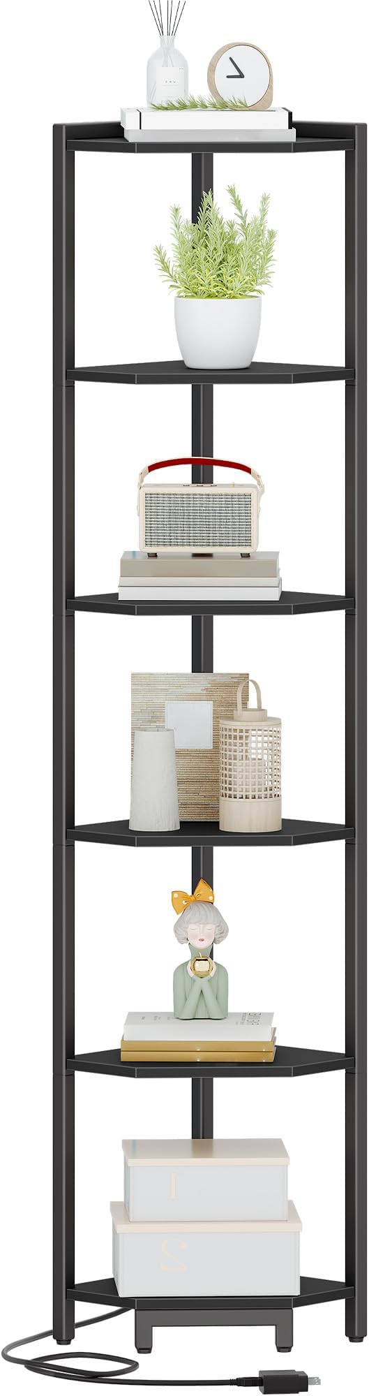 Hzuaneri Corner Shelf with LED Light 6 Tier Corner Bookshelf Standing Shelf | Tall Narrow Display Bookcase with Metal Frame for Small Space, Living Room, Home Office, Bedroom, Black CS66606B