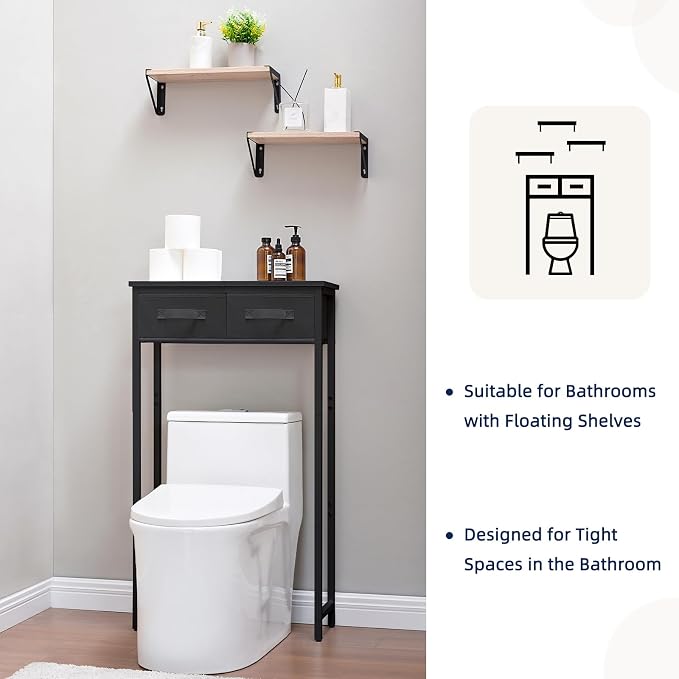 MOHOPE 2-Tier Over The Toilet Storage with 2 Fabric Drawers, Freestanding Above The Toilet Storage Cabinet, Space Saver Metal Over Toilet Bathroom Organizer Shelf for Small Space, Black