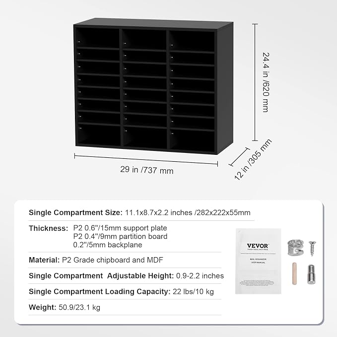 VEVOR Literature Organizers, 24 Compartments Office Mailbox with Adjustable Shelves, Wood Literature Sorter 29x12x24.4 inches for Office, Home, Classroom, Mailrooms Organization, EPA Certified Black